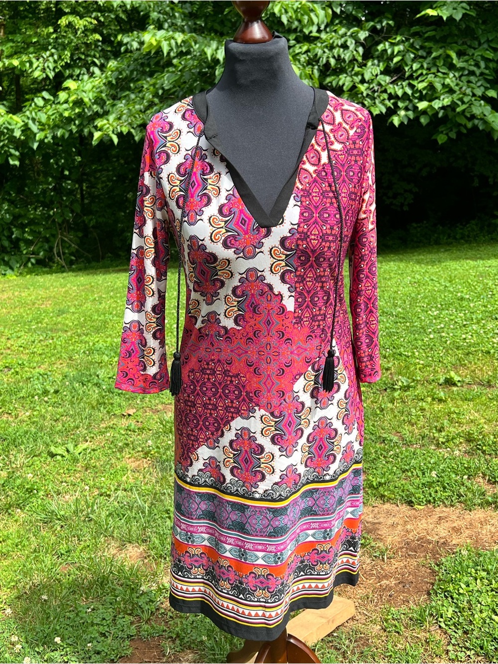 Paisley V-Neck Midi Dress in Pink